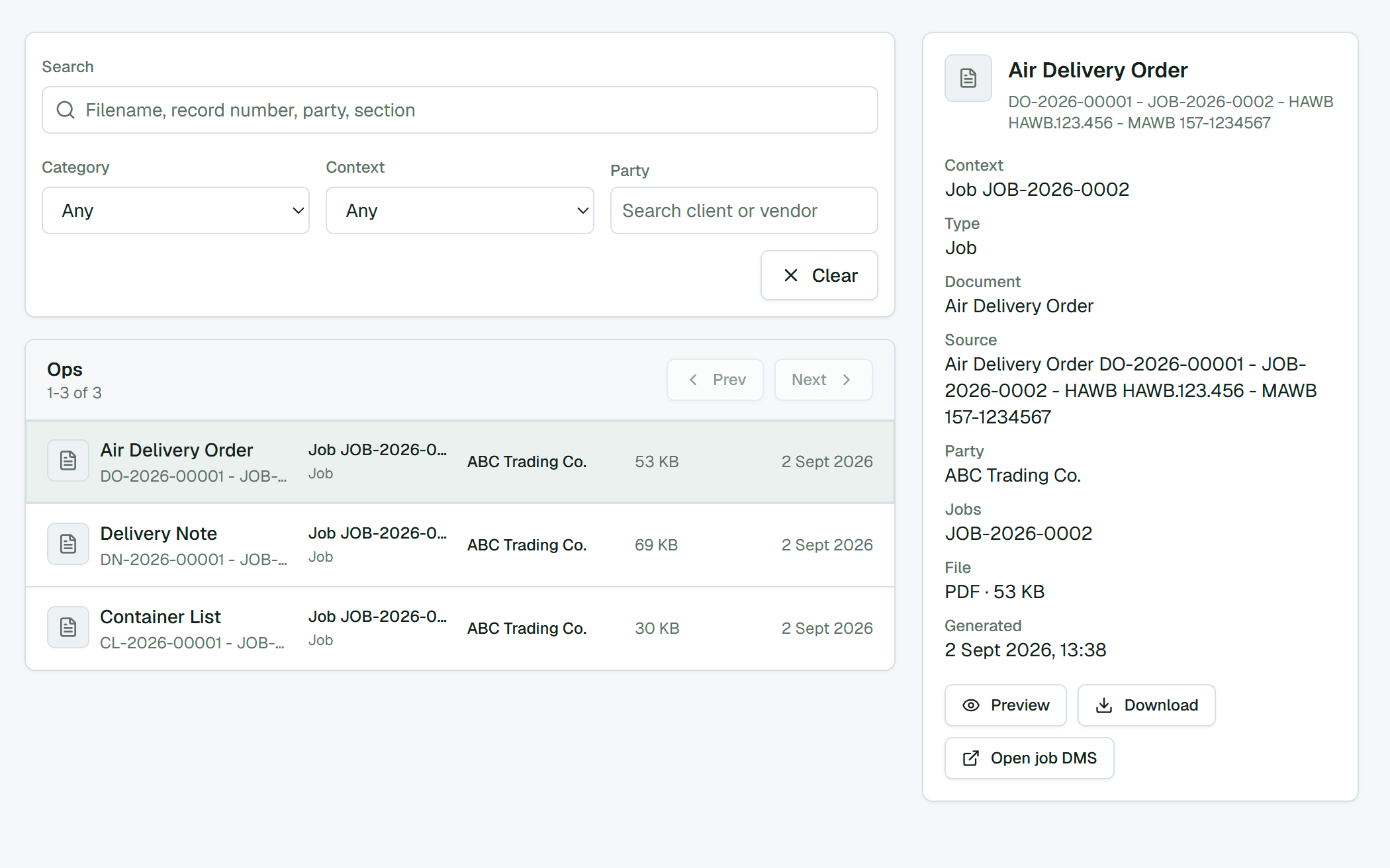 The Documents page in Cargo35, with the search filters, the document list and the details panel open